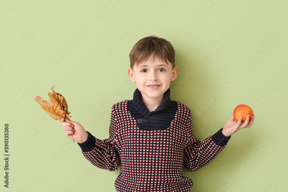 Cute little boy with autumn leaves and apple on color background