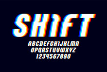 Alphabet Of Distorted Glitch Effect. Shifted Modern White Font, Italic Latin Letters From A To Z And Numbers From 0 To 9 With Effect Sliced.