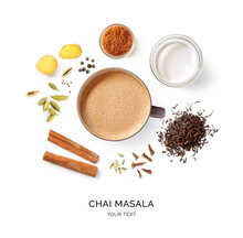 Creative Layout Made Of Chai Masala On A White Background. Top View. Indian Drink. Black Tea With Milk And Species. 