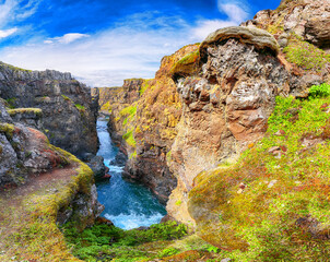 Wall Mural - Marvelous view of  Kolugljufur canyon and Kolufossar falls.