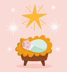 Sticker - nativity, manger cute baby jesus in crib and star cartoon