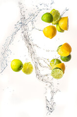 Wall Mural - Fresh limes and lemons with water splash in midair, isolated on white background