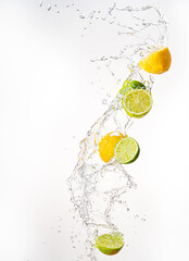 Fresh limes and lemons with water splash in midair, isolated on white background