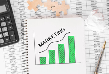 Poster - notebook with toolls and notes about marketing strategy,concept