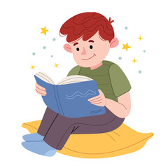 A little boy is sitting on a pillow and reading a book.The child loves to read. A fairy tale before bedtime. An interested boy. Knowledge from childhood. Illustration for children's book. Cute Poster.