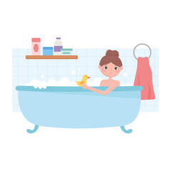 Sticker - daily routine scene, relaxing woman in bathtub with duck cartoon