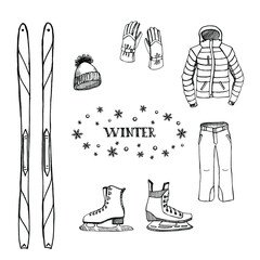 Winter sports equipment / Set of ski and ice skating gear and wear icons in sketchy style/ Hand drawn vector illustration