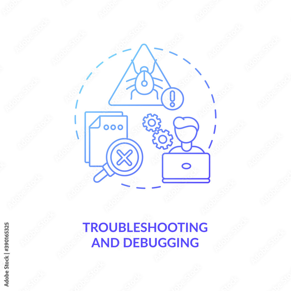 Troubleshooting and debugging concept icon. App developer skills ...