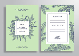 Canvas Print - Christmas Abstract Vector Square Frame Greeting Card, Poster or Background. Back and Front Invitation Design Layout with Classy Typography. Sketch Pine Branches, Holly, Mistletoe and Flowers. Isolated