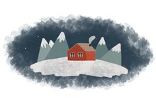 Christmas And Winter Illustration. Scandinavian Hygge Concept Illustration With Red House Surrounded By The Mountains. Santa Claus Residence. Christmas Illustration. Will Be Perfect For Postcards.