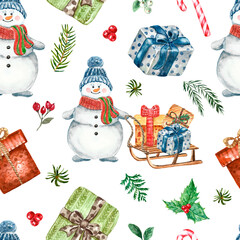 Christmas and New Year themed seamless pattern. Watercolor snowman in hat with wooden sleigh full of presents, gift boxes, candy cane, pine branches on white background. Winter illustration.