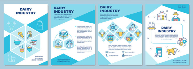 Wall Mural - Dairy industry brochure template. Farming. Milk production. Flyer, booklet, leaflet print, cover design with linear icons. Vector layouts for magazines, annual reports, advertising posters