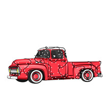 Christmas Red Truck Flat Vector Illustration. Red Car Symbol Of Christmas.