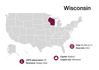 Wall Mural - Map of Wisconsin state with political demographic information and biggest cities