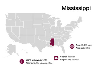  Map of Mississippi state with political demographic information and biggest cities