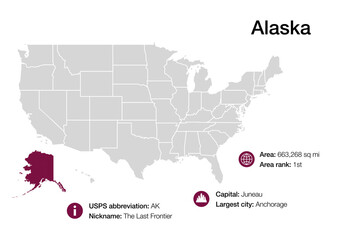 Poster - Map of Alaska state with political demographic information and biggest cities