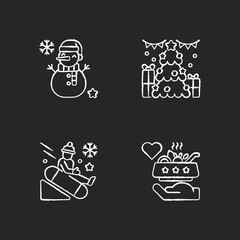 Wall Mural - Christmas time entertainment chalk white icons set on black background. Snowman decoration. Xmas tree. Snow tubing. Soup kitchen volunteer. Isolated vector chalkboard illustrations