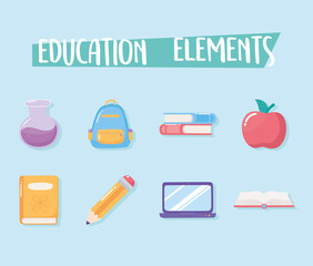 Wall Mural - education elements apple bag book test tube school elementary cartoon icons