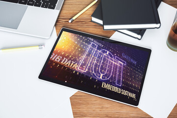 Poster - Creative IOT concept on modern digital tablet screen. Top view. 3D Rendering