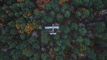 Abandoned Aircraft Surrounded By Trees In Woodland Forest, Drone Descending Shot