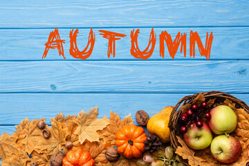 Wall Mural - Top view of autumnal harvest in basket and foliage near autumn lettering on blue wooden background