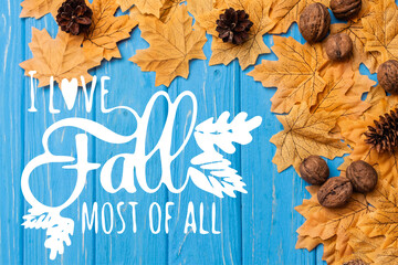 Wall Mural - Top view of autumnal foliage with nuts and cones near I love fall most of all lettering on blue wooden background