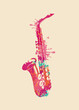Creative bright musical illustration. Vector design of an abstract saxophone in form of paint spots and splashes on a light background