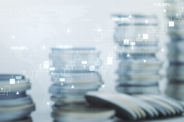 Poster - Multi exposure of virtual creative financial graph and world map on stacks of coins background, forex and investment concept