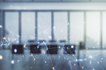 Poster - Double exposure of abstract virtual technology hologram on a modern meeting room background. Research and development software concept