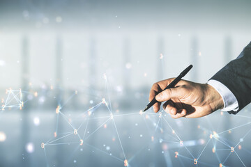 Poster - Man hand with pen draws abstract virtual wireless technology hologram on blurred office background, artificial intelligence and machine learning concept. Multi exposure