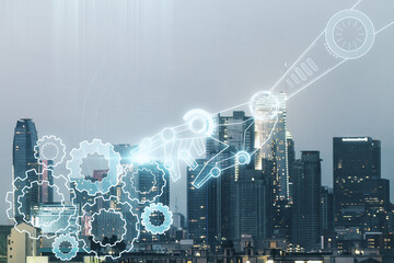 Aufkleber - Abstract virtual robotics technology sketch on Los Angeles office buildings background, future technology and AI concept. Double exposure