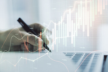 Poster - Double exposure of abstract creative financial diagram with hand writing in notebook on background, banking and accounting concept