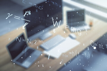 Creative scientific formula illustration and modern desktop with pc on background, science and research concept. Multiexposure