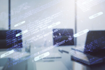Poster - Multi exposure of abstract creative coding sketch with world map and modern desktop with computer on background, artificial intelligence and neural networks concept