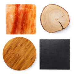 Wall Mural - Himalayan salt for cooking and various coasters isolated on white background, top view