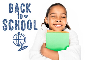 african american schoolgirl smiling with closed eyes while holding books isolated on white, back to school illustration