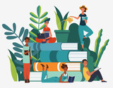 Fototapeta Dinusie - Young people reading books in the  park. Summer landscape background. Holidays time.  Back to school, Study, Learning, Knowledge and Education vector concept