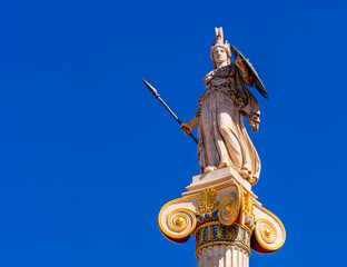 Athens Greece, Athena goddess marble statue on plain background, space for your text