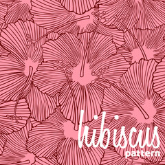 Wall Mural - Hawaiian seamless pattern with flowers of hibiscus. Outline texture on a pink. Repeating linear drawing. Ink drawn contours of hibiscus. Tropical exotic floral background.