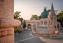 Statue Of Saint Stephen I In Front Of Fisherman's Bastion, Budapest.
