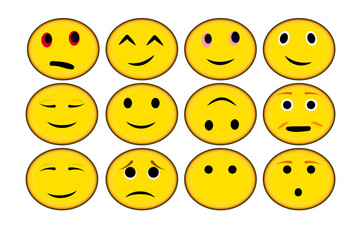 New Emojis list yellow face icon set. Modern Emoticons Set. Different Reactions design. smile yellow icon design