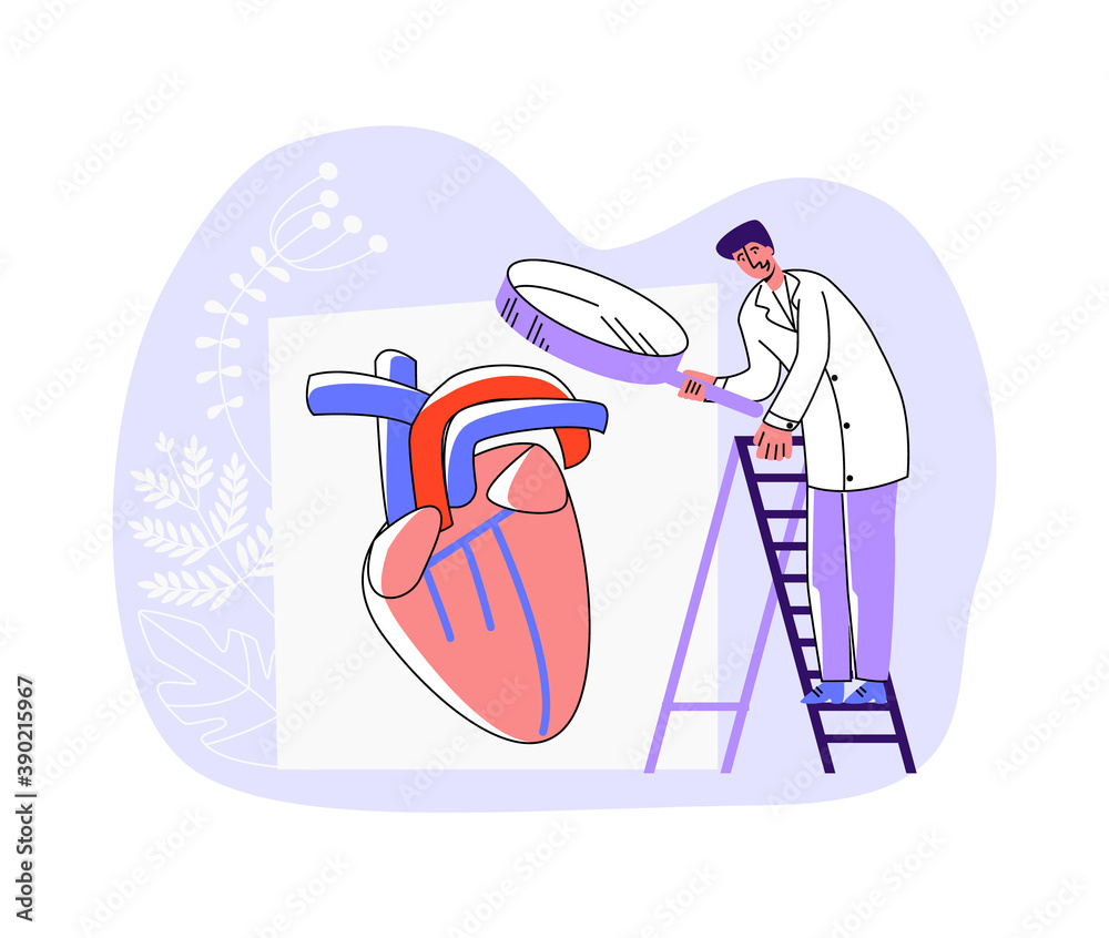 Vector illustration of doctor examining heart organ through enlarged ...