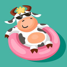 A Cute Funny Black And White Spotted Cow Relaxes In The Pool, Swimming In An Inflatable Ring. Cartoon Vector Illustration