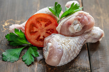 Wall Mural - fresh raw chicken legs seasoned with spices, parsley and tomatoes on a wooden table