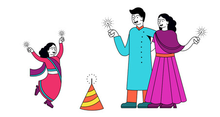 Wall Mural - Indian family celebrating Diwali Festival. The Festival of light is happy new year holiday in India. Cartoon vector illustration isolated on white background