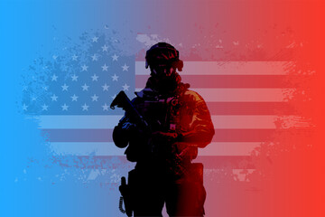 american soldier silhouette. He has a flames on left side. There is also an American flag on the back side.