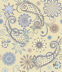  Abstract vintage pattern with decorative flowers, leaves and Paisley pattern in Oriental style.