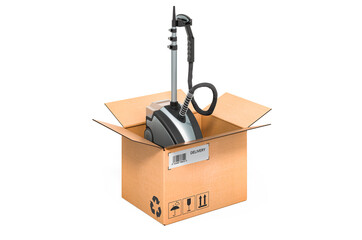 Poster - Clothes steamer inside cardboard box, delivery concept. 3D rendering