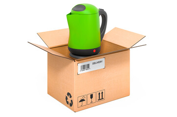 Poster - Electric kettle inside cardboard box, delivery concept. 3D rendering