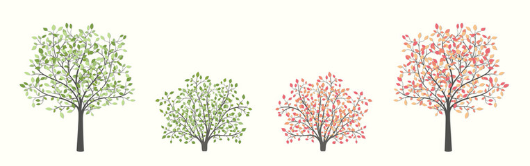 Set of trees and bushes in two versions summer and autumn